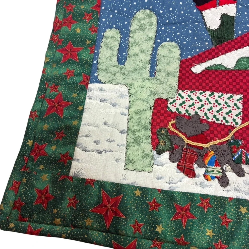 Christmas Quilted Wall Hanging Green Santa Cactus Southwest Holiday 16.75